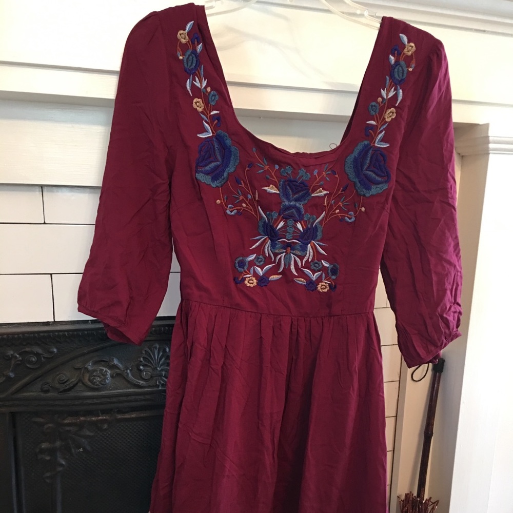 ModCloth, wine/maroon colored embroidered dress